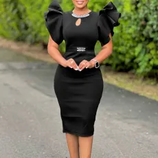 Plus Size Ruffle Sleeve Hot Drill Midi Dress GATE-580