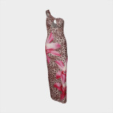 Leopard Print Single Shouler Backless Maxi Dress YWXS-XS-L45189