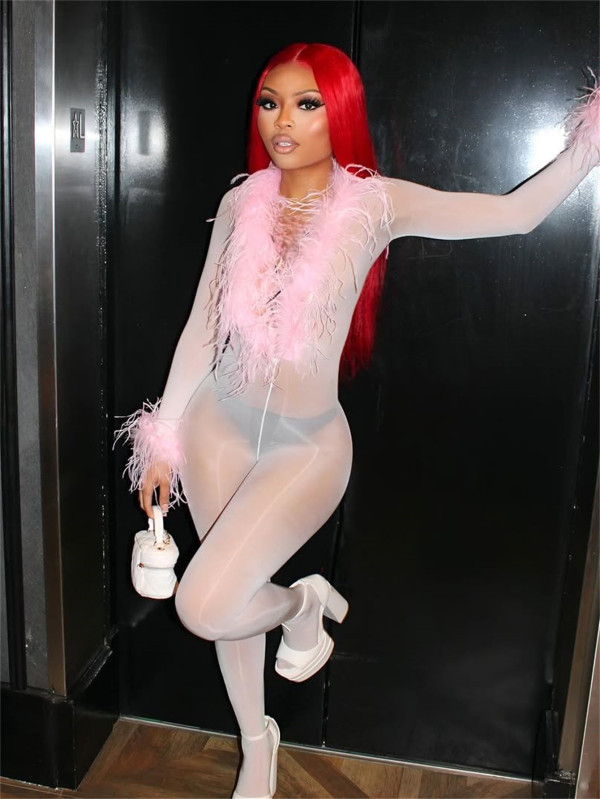 Mesh See-Through Sexy Fur Patchwork Jumpsuit YWXS-XS-L45487