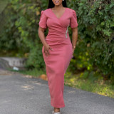 Plus Size V Neck Solid Color Hot Drill Maxi Dress GATE-579