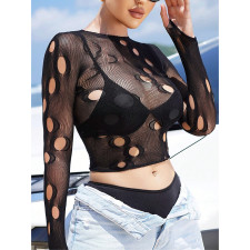 Hole Round Neck Sleeve Erotic Mesh Top GYDE-YD8172