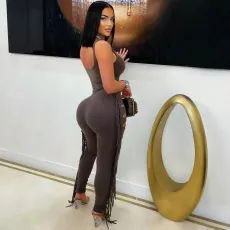 Solid Color Bodysuit Tassel Hole Pants 2 Piece Set LSD-2448