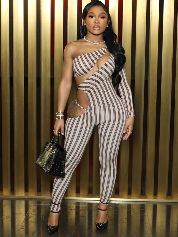 Stripe Single Shoulder Hollow Out Jumpsuit YWXS-XS-XSL44903