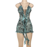 Printed Low-cut Hollow Out Lace-Up Romper GZJQ-K24Q60762