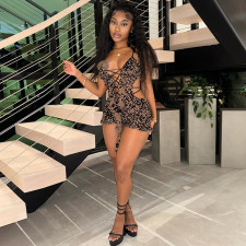Printed Low-cut Hollow Out Lace-Up Romper GZJQ-K24Q60762