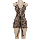 Printed Low-cut Hollow Out Lace-Up Romper GZJQ-K24Q60762