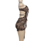 Printed Low-cut Hollow Out Lace-Up Romper GZJQ-K24Q60762