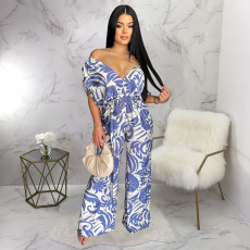 Print Off Shoulder Bat Sleeve Jumpsuit YF-20172