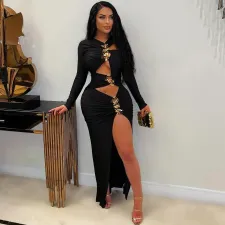 Sexy Hollow Out Split Maxi Dress CYA-901713