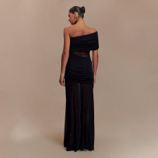 Slash Neck Mesh Patchwork Maxi Dress GAXB-D121DS