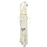 Backless Wrap Splicing Mesh Printed Split Long Skirt Set GLAG-S5218548G