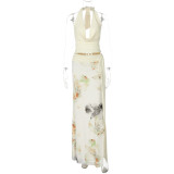 Backless Wrap Splicing Mesh Printed Split Long Skirt Set GLAG-S5218548G