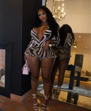 V Neck Long Sleeve Bodysuit Two Piece Shorts Set GFCF-1359