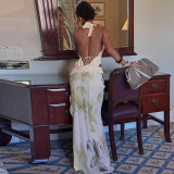Backless Wrap Splicing Mesh Printed Split Long Skirt Set GLAG-S5218548G