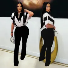 Sport Short Sleeve Color Block Two Piece Pants Set BY-7306