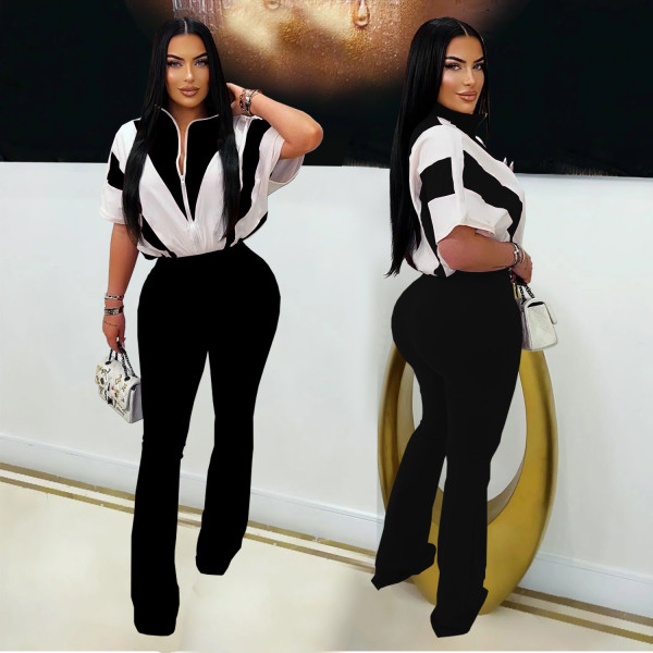 Sport Short Sleeve Color Block Two Piece Pants Set BY-7306