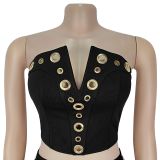 Sexy Wrap Chest Metal Button Trouser Set BY-7327