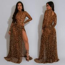 Leopard Print Long Sleeve Split Maxi Dress BY-7308