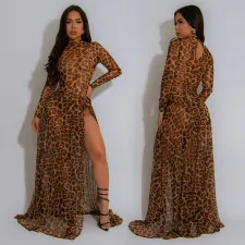 Leopard Print Long Sleeve Split Maxi Dress BY-7308