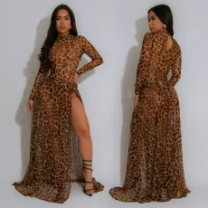 Leopard Print Long Sleeve Split Maxi Dress BY-7308