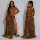 Leopard Print Long Sleeve Split Maxi Dress BY-7308