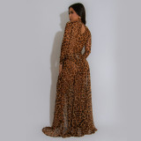 Leopard Print Long Sleeve Split Maxi Dress BY-7308