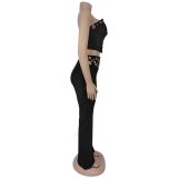Sexy Wrap Chest Metal Button Trouser Set BY-7327