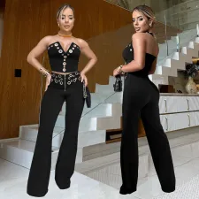 Sexy Wrap Chest Metal Button Trouser Set BY-7327