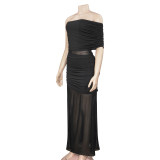 Slash Neck Mesh Patchwork Maxi Dress GAXB-D121DS
