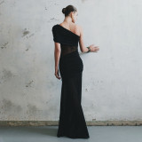 Slash Neck Mesh Patchwork Maxi Dress GAXB-D121DS