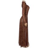 Leopard Print Long Sleeve Split Maxi Dress BY-7308