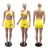 Solid Color Tie Up Swimsuit Three Piece Skirt Set CYA-901740
