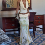 Backless Wrap Splicing Mesh Printed Split Long Skirt Set GLAG-S5218548G