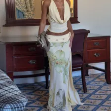 Backless Wrap Splicing Mesh Printed Split Long Skirt Set GLAG-S5218548G