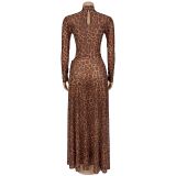 Leopard Print Long Sleeve Split Maxi Dress BY-7308