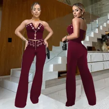 Sexy Wrap Chest Metal Button Trouser Set BY-7327
