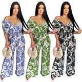 Print Off Shoulder Bat Sleeve Jumpsuit YF-20172