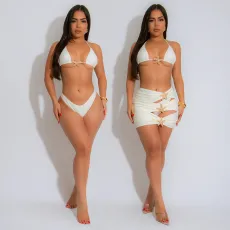 Solid Color Tie Up Swimsuit Three Piece Skirt Set CYA-901740