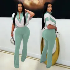 Sport Short Sleeve Color Block Two Piece Pants Set BY-7306
