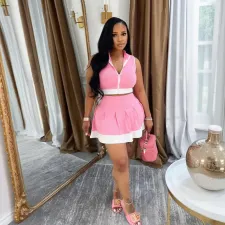 Sleeveless Zipper Tops Skirt Two Piece Set CYA-901804
