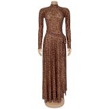 Leopard Print Long Sleeve Split Maxi Dress BY-7308
