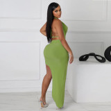 Solid Color Halterneck High Split Two Piece Skirts Set YF-20176