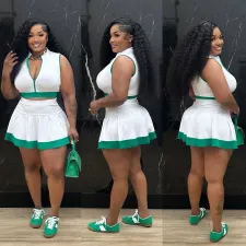 Sleeveless Zipper Tops Skirt Two Piece Set CYA-901804