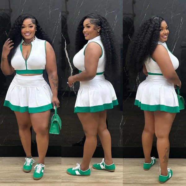 Sleeveless Zipper Tops Skirt Two Piece Set CYA-901804
