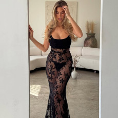 Backless Patchwork Lace Sling Maxi Dress GLAG-D5318604G