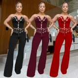 Sexy Wrap Chest Metal Button Trouser Set BY-7327