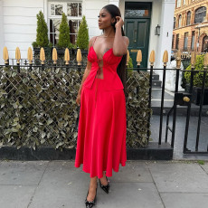 Sexy Solid Color Tie Up Tops And Long Skirts Suit  GCNE-72416