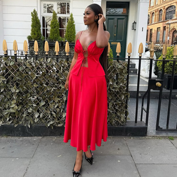 Sexy Solid Color Tie Up Tops And Long Skirts Suit  GCNE-72416