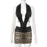 Leopard Print Lace Patchwork Backless Tie Mini Dress GDSF-D25DS104