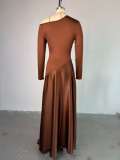 Slash Neck Long Sleeve Solid Maxi Dress GCNE-72458